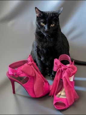 GUC Mix No. 6 Satin Pink With Tulle Bow Peep-Toe Side Buckle Heels Sz 8